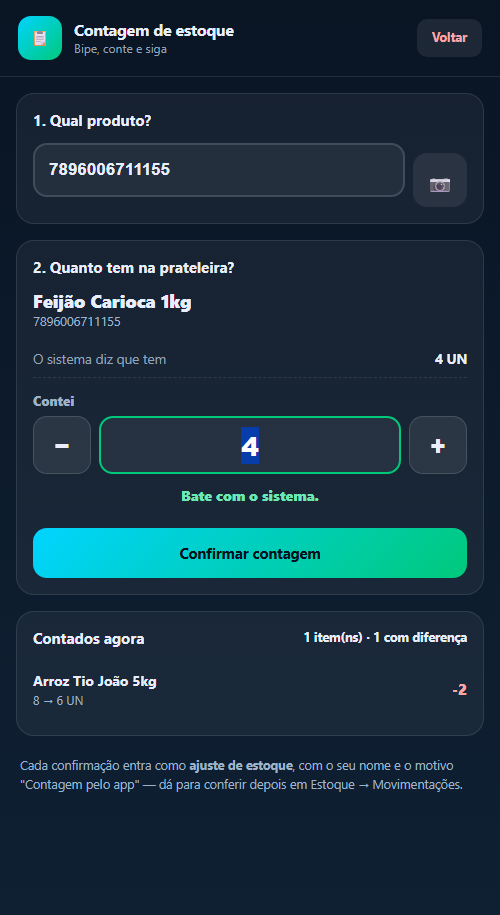 Tela de demonstração da contagem de estoque pelo aplicativo